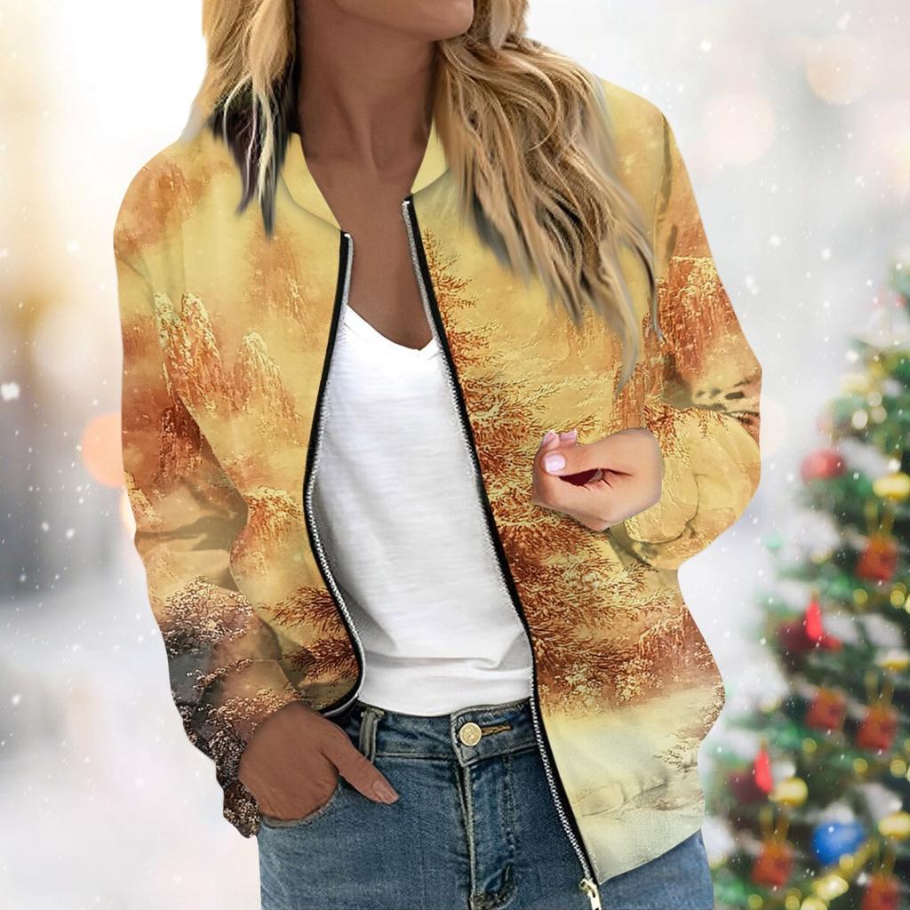 Женская легкая короткая куртка с длинными рукавами на молнии с принтом, повседневная стеганая куртка с карманами, рождественская