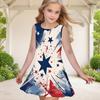 Girls Round Neck Sleeveless Printed A Line Flared Dress Navy Blue Red Gold