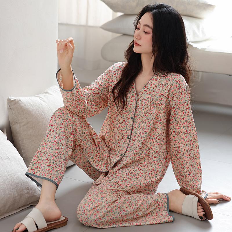 Pajamas women's spring and autumn pure cotton long-sleeved 1011 new middle-aged mother women's cotton large-size loungewear set