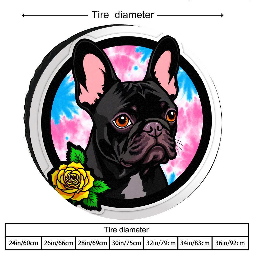 Creative Art Print Tire Cover | Black French Bulldog And Yellow Rose Decor, Polyester, Round Frame, Tie-Dye Background, Decal St