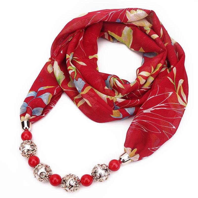Floral Print Scarf Necklace with Beaded Chain – Elegant Women’s Fashion Jewelry & Versatile Infinity Scarf