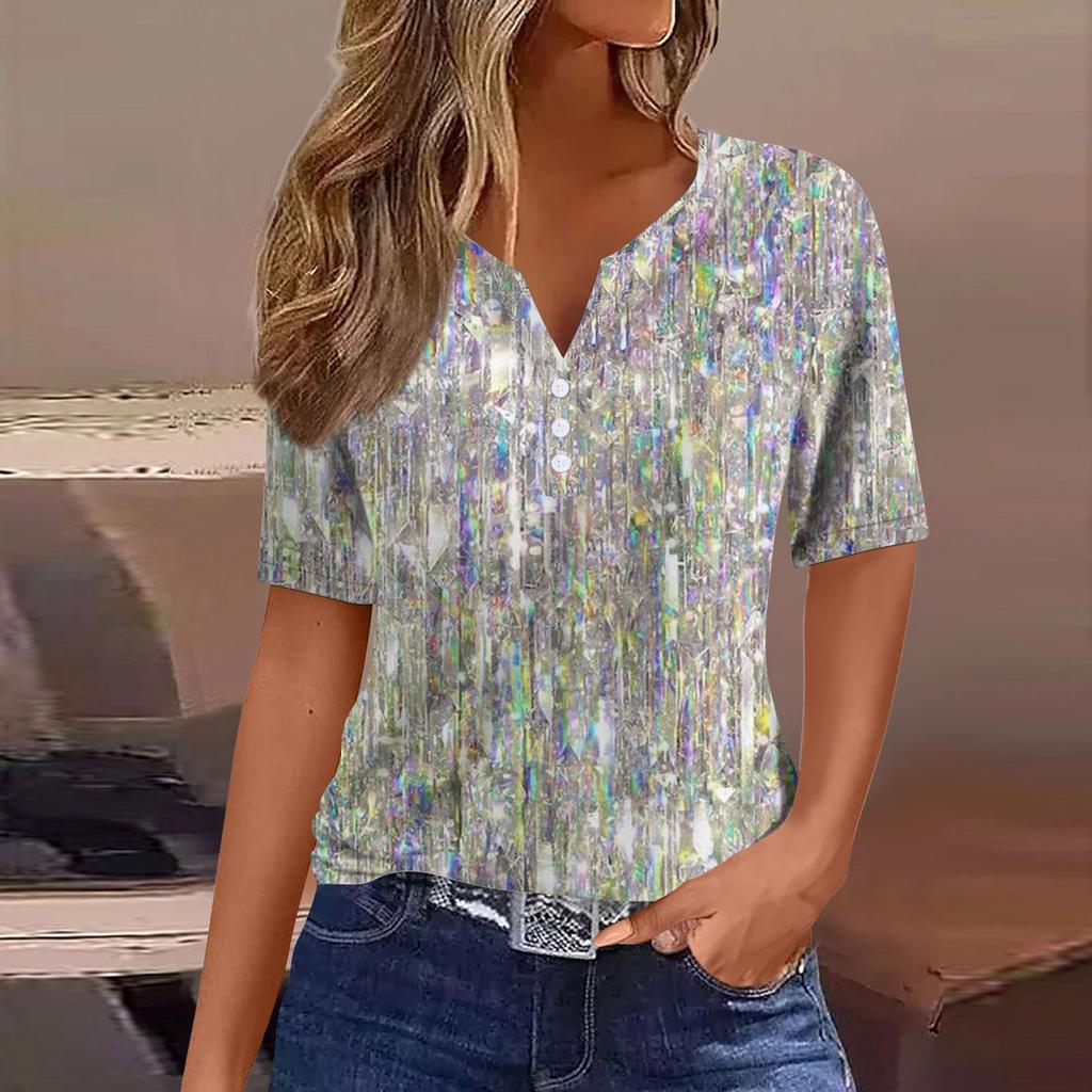 Women's Casual Sequin Printed V-Neck Short Sleeve Decorative Button T-Shirt Top