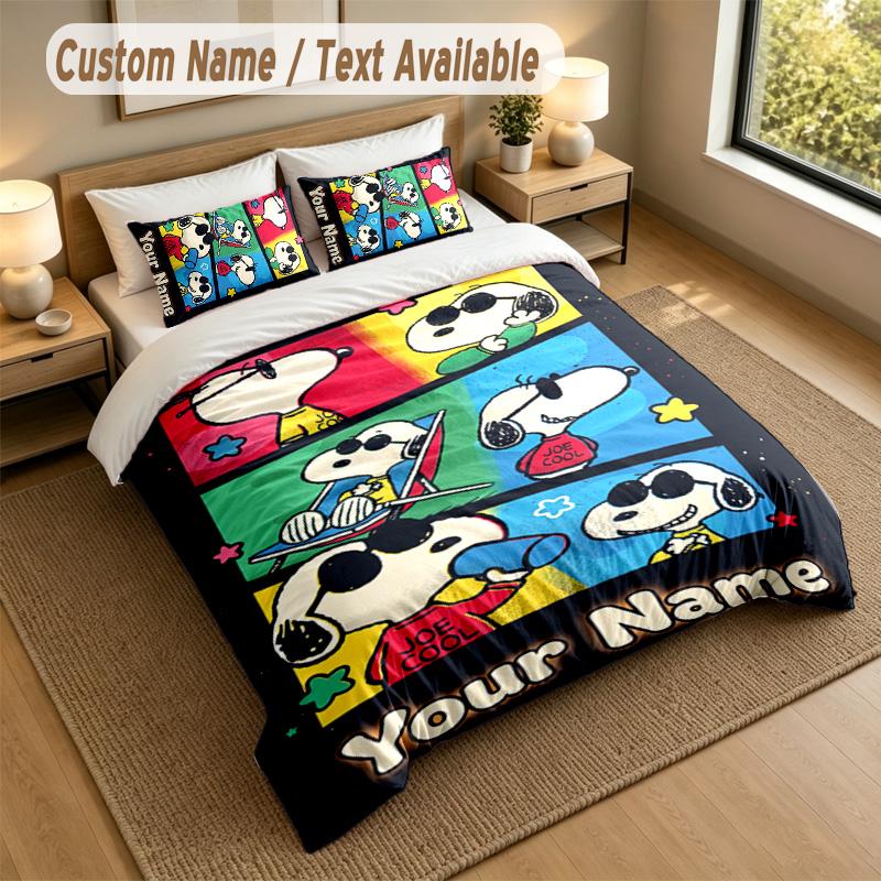 3Pcs Bedding Set Custom Name Text, 1 Sheet 2 Pillowcases Home Bed DecorSnoopy Peanuts