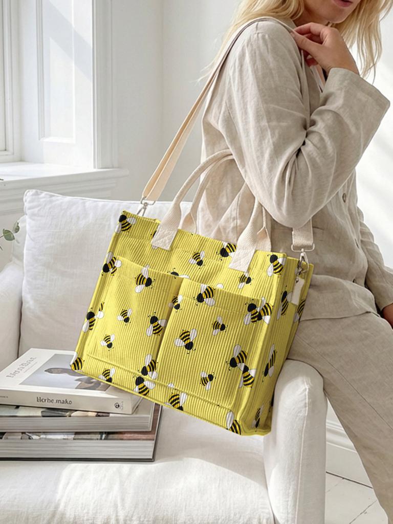 Yellow Bumblebee Print Corduroy Tote Bag Large Capacity Multi Pocket Bee Lover Commuter Shoulder Bag