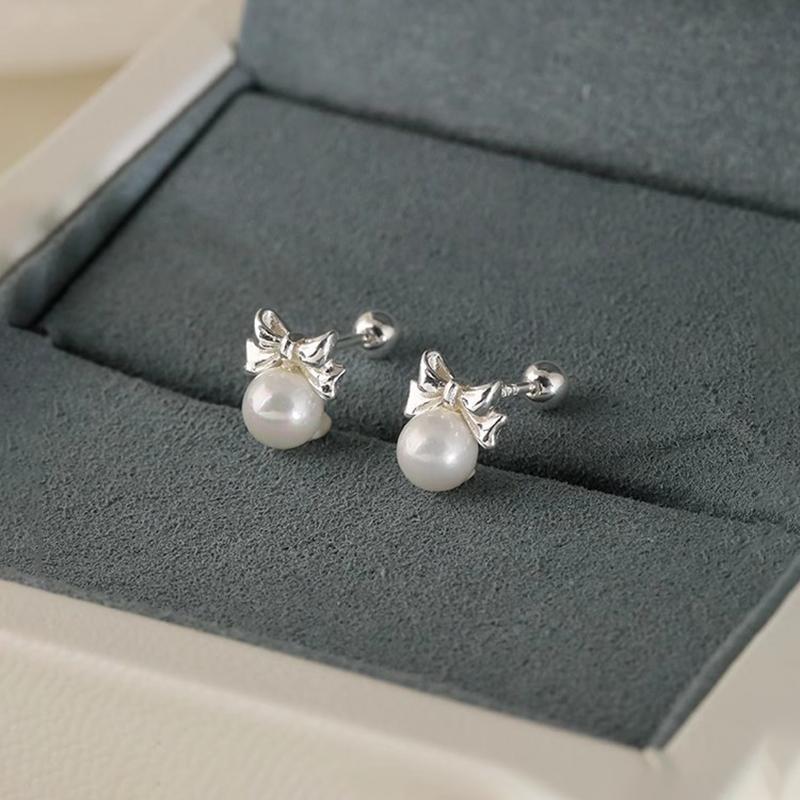 925 Silver Needle Artificial Pearl Bowknot Bead Screw Stud Earrings For Women Classic Jewelry Light Accessories