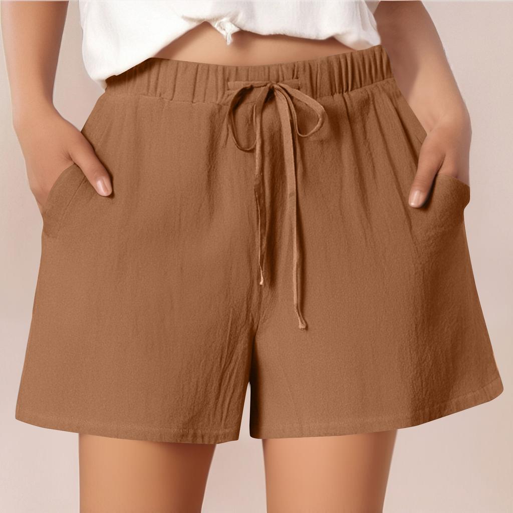 Женские повседневные хлопковые и льняные однотонные свободные шорты со шнуровкой и эластичным поясом длиной три четверти