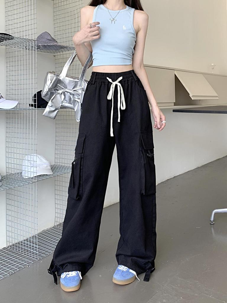 Trendy European & American Oversized Wine Red Cargo Pants - High-End Loose Wide-Leg Design