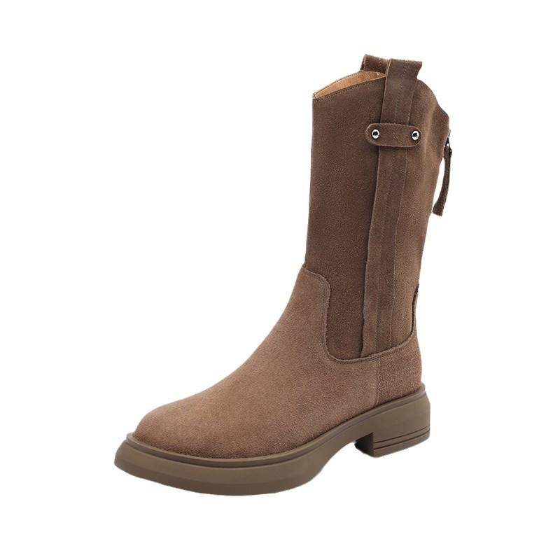 2025 осень-зима короткие женские ботинки на среднем каблуке с толстой подошвой удобные матовые кожаные вестерн-ботинки корейская версия мягкие кожаные женские ботинки