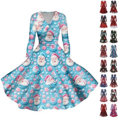 Женские повседневные модные рождественские принты с длинным рукавом и V-образным вырезом, сексуальные платья с карманами
