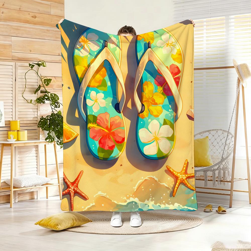 Summer Retro Flip Flop Throw Lightweight 240g Flannel Blanket Soft Skin-friendly for Summer Cooling