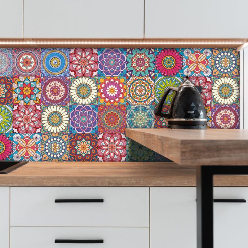 24 шт. наклейки на плитку мандалы в стиле ретро, ​​красочные водонепроницаемые термостойкие самоклеящиеся плитки, пленка на стену