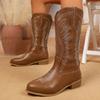 Fashion Women's Retro Western Embroidered Cowboy Boots Autumn Winter Chunky Heel Knee High Boots Woman High Tube PU Leather Botas Mujer