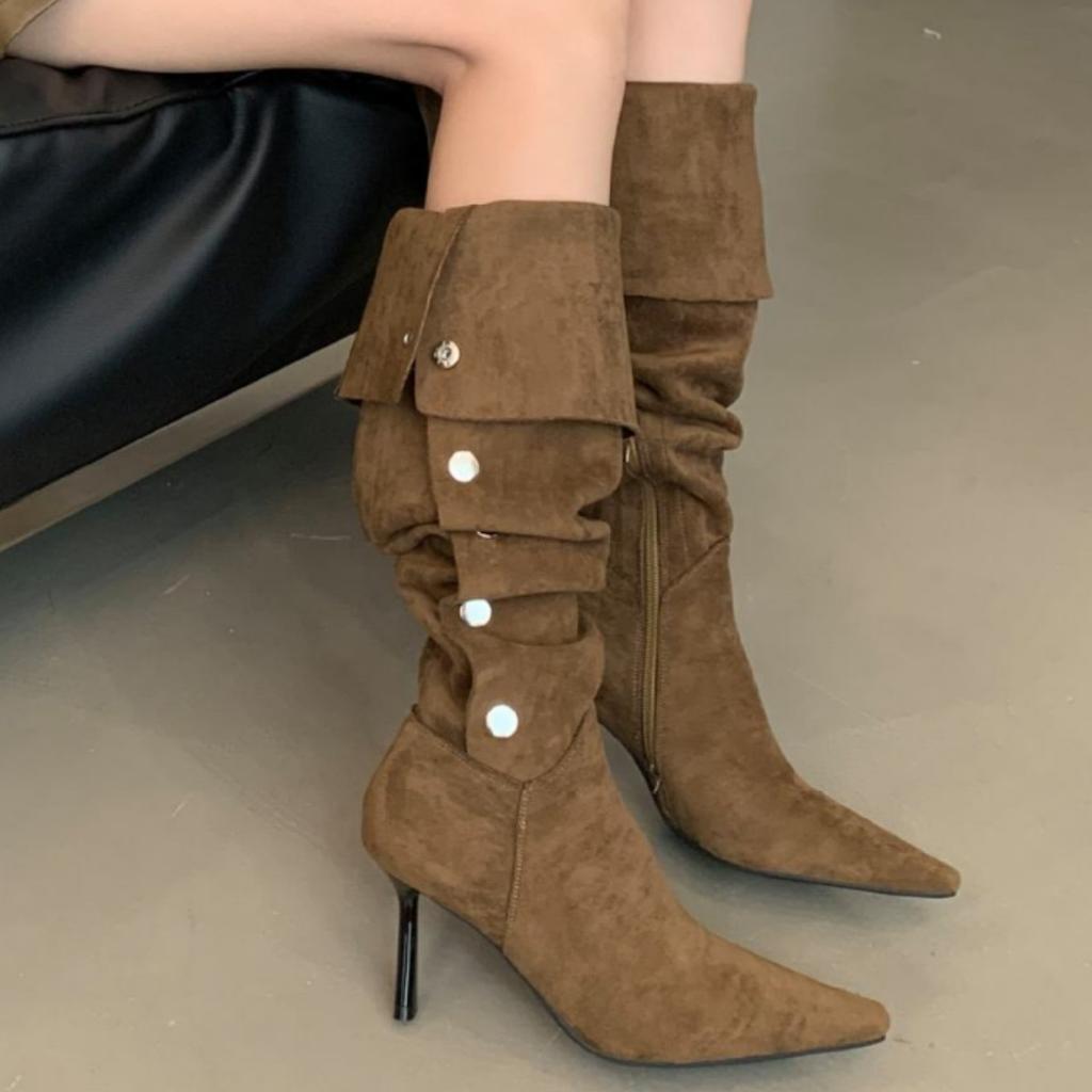 Мода 2025 Новые Ретро Женские Сапоги Матовая Замша Средние Ковбойские Сапоги Высокий Голенище Грубый Каблук Рыцарские Сапоги