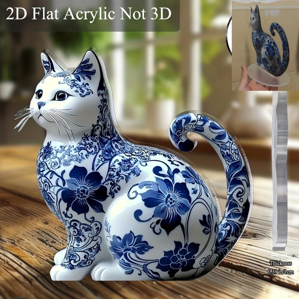 Элегантный Сине-Белый Фарфоровый Кот, Акриловый Декор для Стола, 2D Плоский Арт-Дизайн, Бохо Стиль для Домашнего Офиса, Бара, Кафе, Идеальный Подарок для Любителей Кошек, Ко Дню Святого Валентина