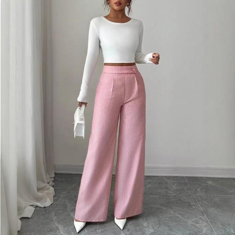 2026 Womens High Waist Stitched Button Decor Relaxed Fit Casual Versatile Trousers