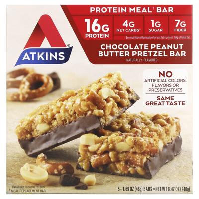Atkins, Chocolate Peanut Butter Pretzel Bars, 5 Bars, 1.7 Ounces (48 Grams) Each