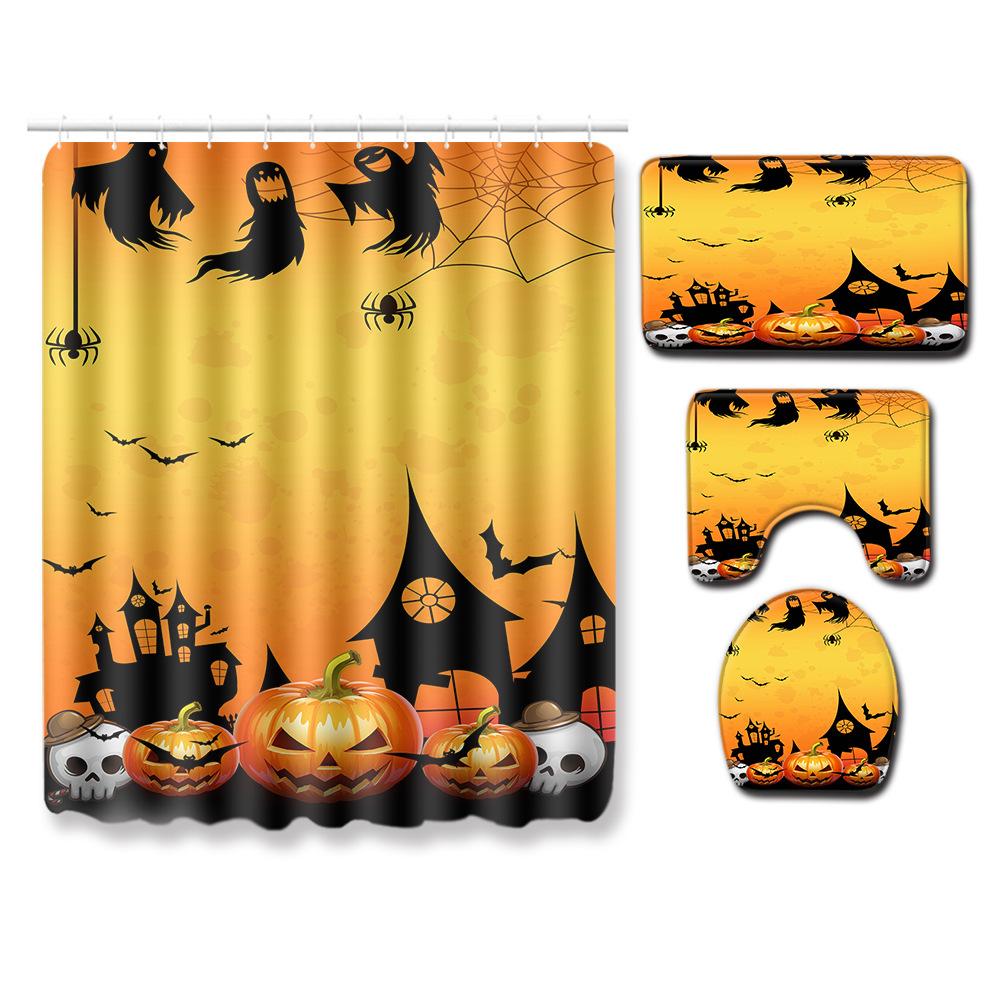 Halloween Shower Curtain Floor Mat Combination Four-Piece Set Bathroom Toilet Carpet Shower Room Foot Mat