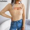 Women Casual Long Sleeve Round Neck Cutout Fitted Tops Knitwear Sweaters