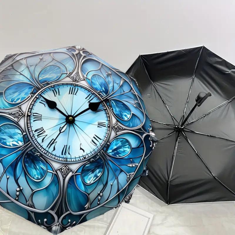 1pc Stained Glass Clock Design Umbrella with Plastic Handle,Suitable for All Seasons Home Travel Outdoor UmbrellaDD140