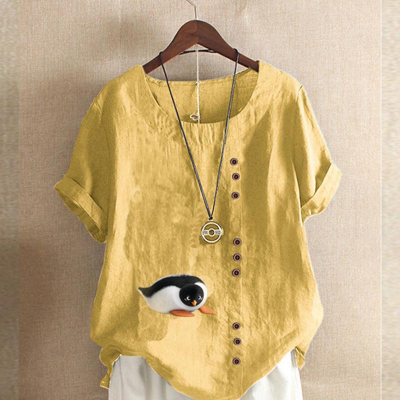 Women's Fashion Penguin Prined Round Neck Short Sleeve T-shirt Casual Cotton Linen Graphic Shirt Leisure Loose Summer Blouse Tops
