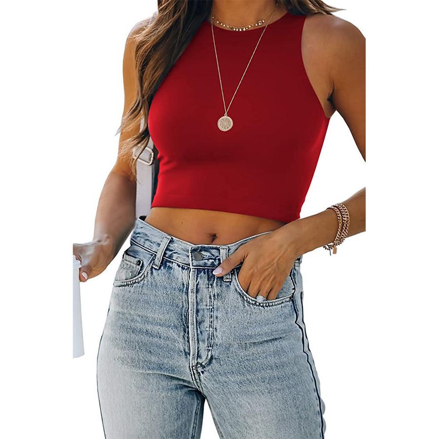 Новая женская однотонная летняя майка без рукавов с круглым вырезом и бретелями-халтер для женщин