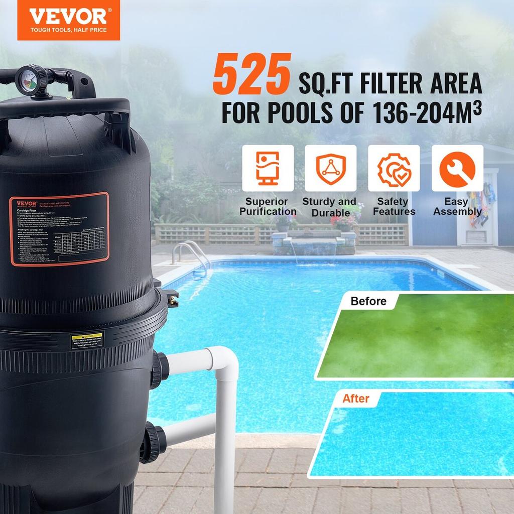 Cartridge Pool Filter, 49 Sq.m Filter Area Inground Pool Filter, Above Ground Swimming Pool Filtration Filter System with Upgrade Filter &Leak-proof,