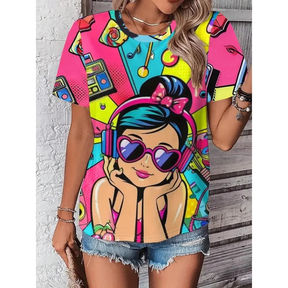 Women's T-Shirts Cartoon Characters Print Harajuku Vintage Short Sleeve O Neck Funny Top