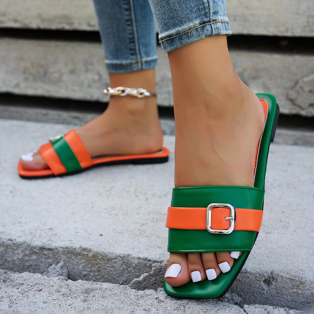 Женские плоские тапочки Летние кожаные женские шлепанцы с квадратным носком Дизайнерские женские шлепанцы Сандалии Женская обувь Роскошные сандалии