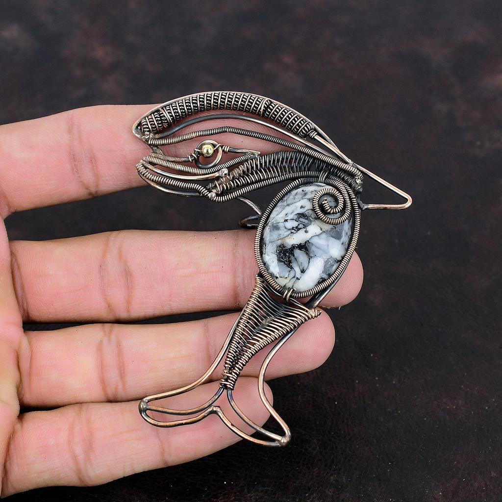 Pinolith Jasper Pendant Copper Wire Wrapped Pendant Handmade Copper Jewelry Gemstone Fish Pendant Dainty Pendant For Gift Wire Wrap Jewelry