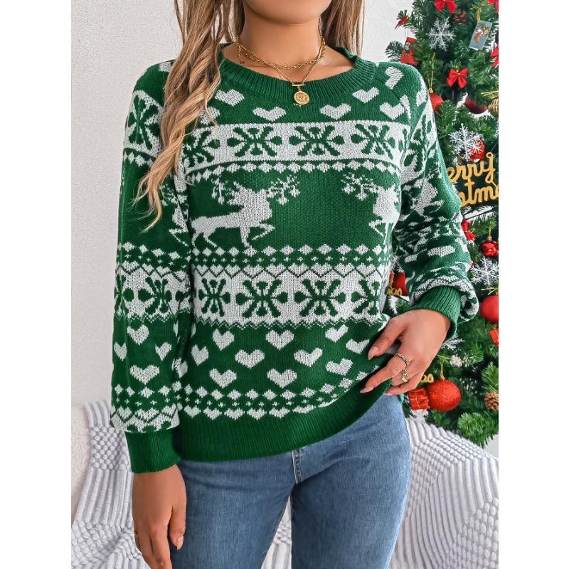 Autumn and Winter Christmas Fawn Pattern Women's Long-sleeved Pullover Sweater, Warm and Comfortable Women's Tops In a Festive Atmosphere