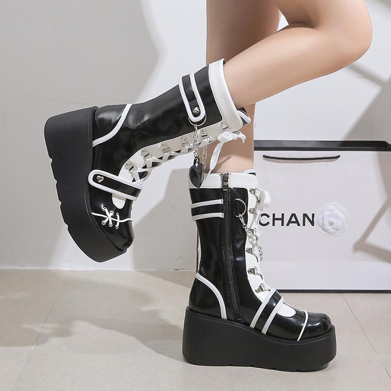 Женские одинарные ботинки Новые зимние с круглым носком на шнуровке Боковая молния Заклепки Толстая подошва Нескользящие ботинки до середины икры