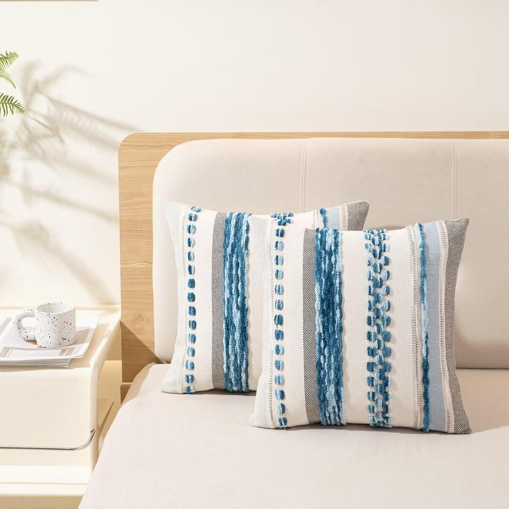 Boho Throw Pillow Covers 18x18 Set of 2 Farmhouse Decorative Cushion Case Striped Square Pillows Cover Chenille Pillow Cases Accent Neutral