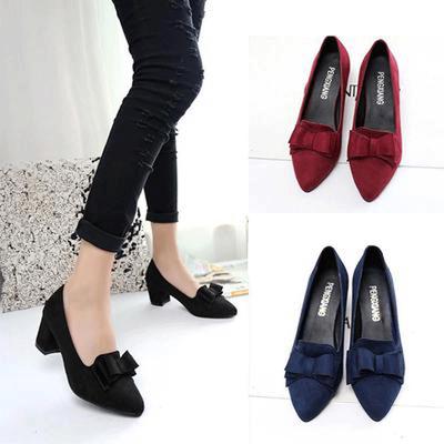 Женская обувь с бантом, замшевая повседневная модная обувь на толстом высоком каблуке с острым носком