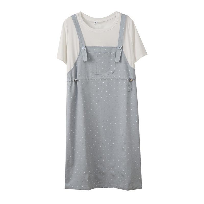 Large size women's clothing polka dot fake two-piece strap skirt summer new waist age-reducing dress 212484