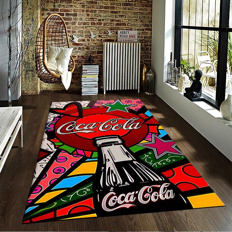 Яркий ковер в стиле поп-арт с изображением бутылки Coca-Cola и звезд. Подходит для использования в качестве противоскользящего покрытия для гостиной, спальни, диванов.