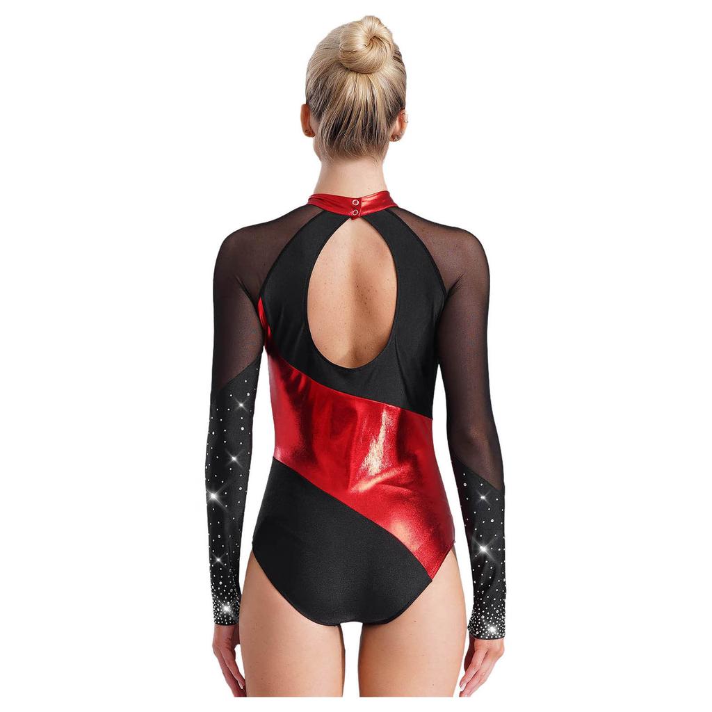 Женский гимнастический купальник - Дизайн с металлическими цветовыми блоками, воротником-стойкой, длинным рукавом и вырезом-капелькой на спине