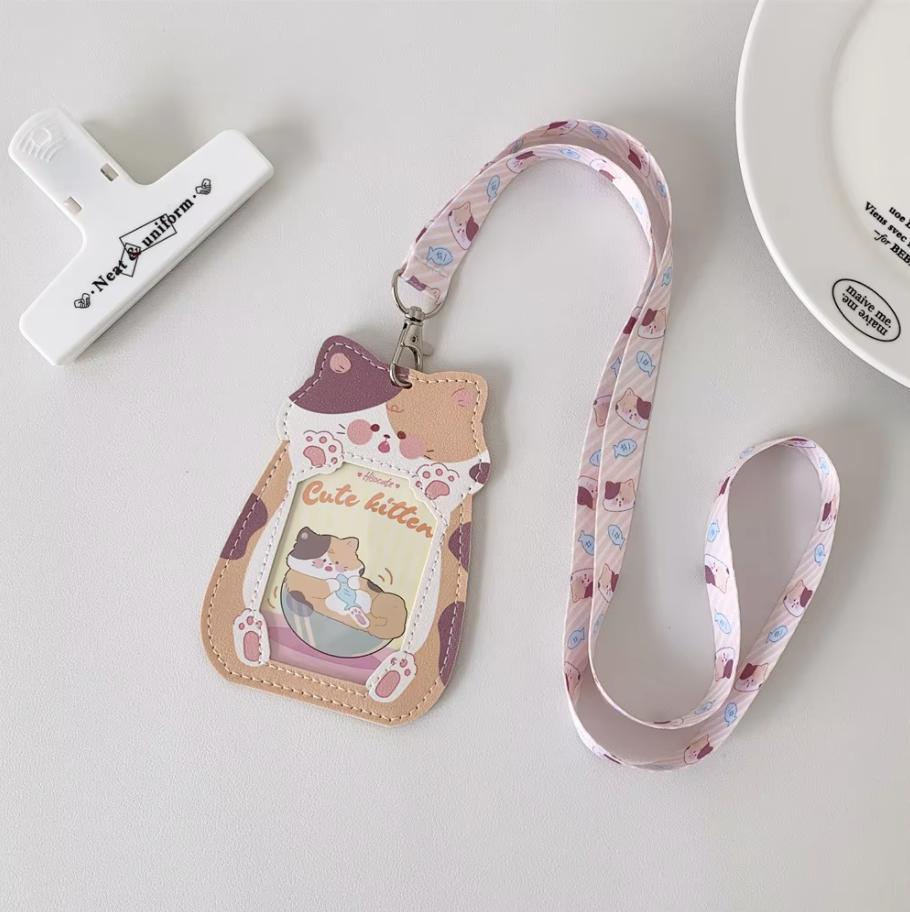 Мультяшный щенок кошка кожаный 3-дюймовый чехол для карточек ремешок на шею шнурок держатель для кампусной карты для студента