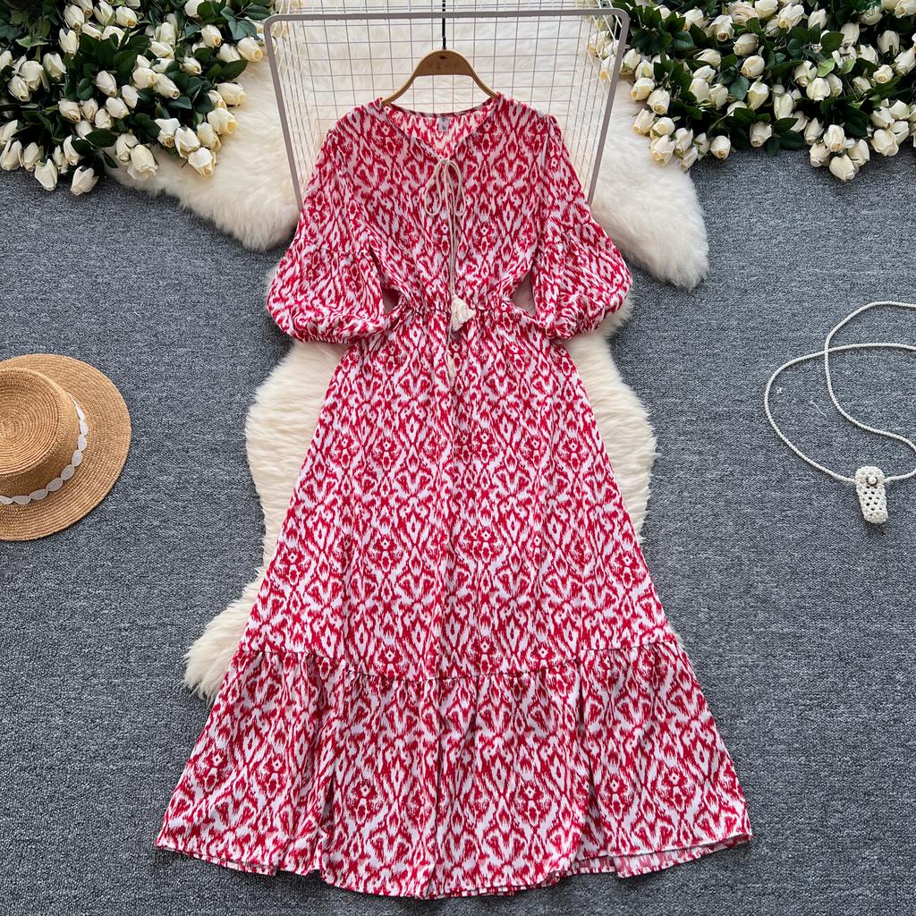 Elegant Vintage Floral Dress for Women Summer Lace Up Slim Waist Dresses Y2k Puff Sleeve Loose Dresses