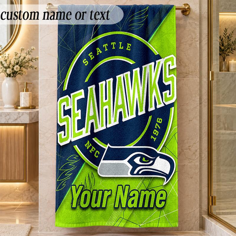 Beach TowelSeattle Seahawks Custom Name Text Personalized Soft Towel for Beach Pool Indoor Home Decor Gift
