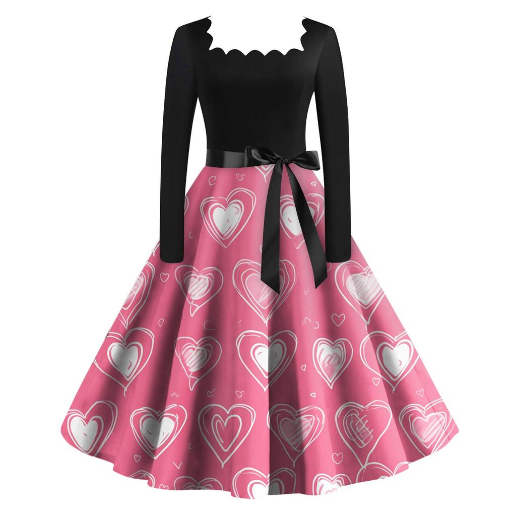Женское винтажное классическое платье с длинным рукавом и принтом ко Дню святого Валентина, свободное платье с квадратным воротником