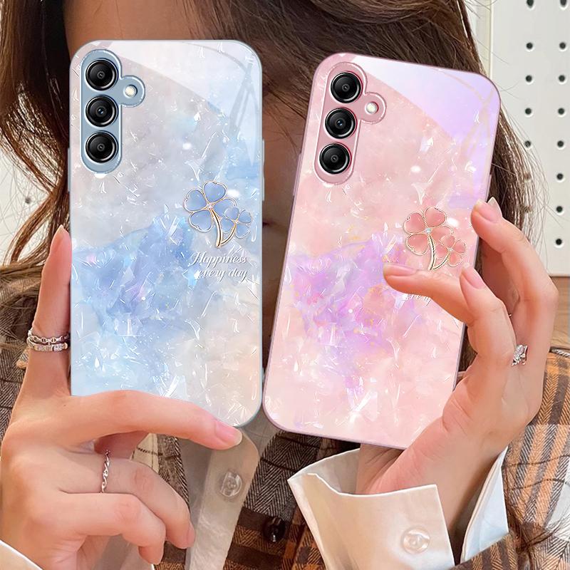Чехол для телефона из стекла с двойным клевером для Samsung Galaxy A14 4G 20 30 52 20S 21S 22 A32 33 34 42 50 51 53 54 70 71 72 73 5G
