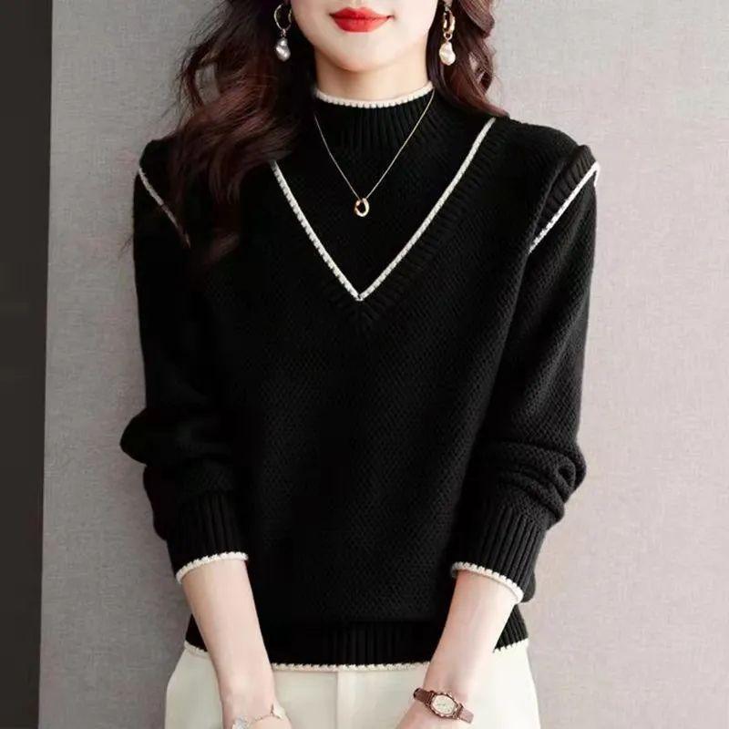 Women's Autumn and Winter Two-piece Sweater Half Turtleneck Pullover Sweater New Fashion Versatile Patchwork Bottoming Shirt