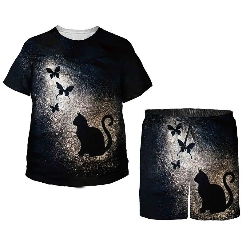 Летний комплект для детей, милый топ с короткими рукавами и шортами с принтом «Кейт», черный спортивный костюм, кавайные пижамы с героями мультфильмов для мальчиков и девочек