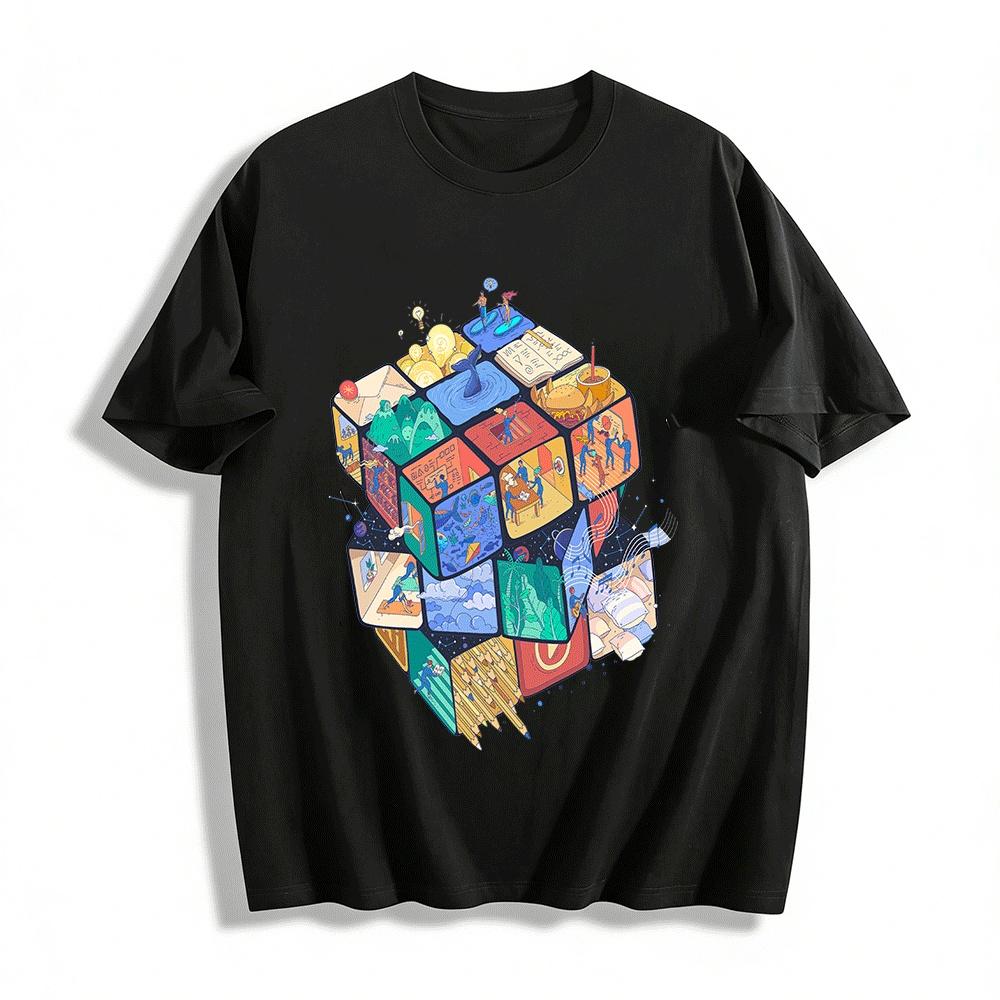 Cube Life Scene Print Tees Unisex Fun Art Casual Tops Pure Cotton T-shirt