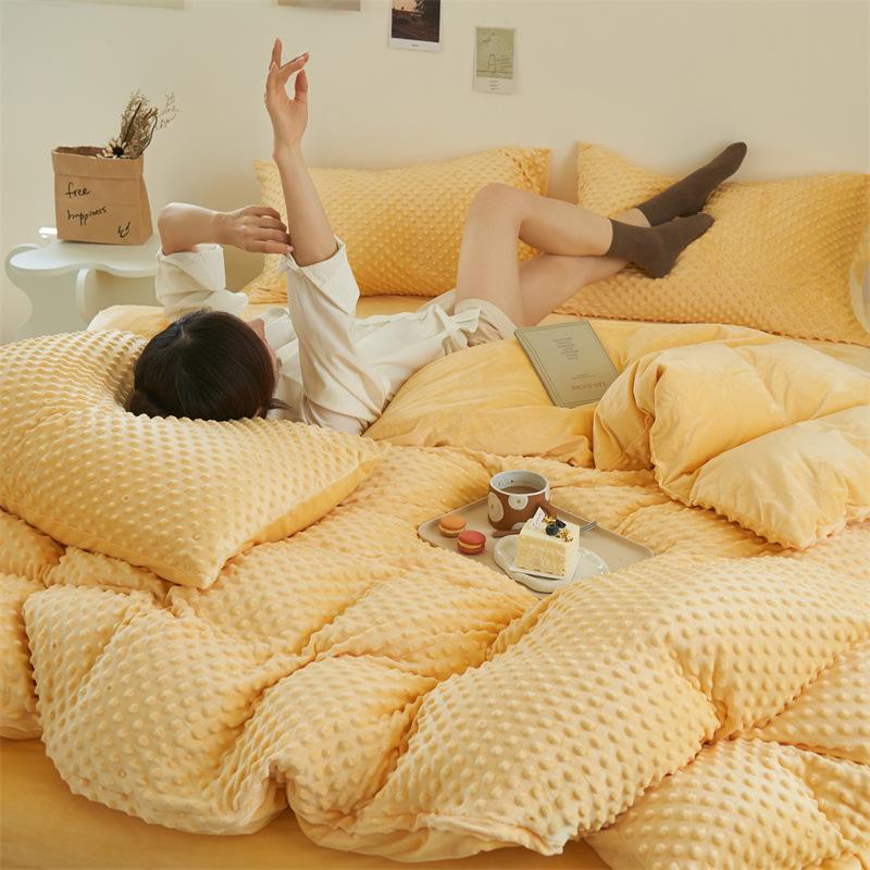 Solid Color Bean Velvet Four Piece Set, Thickened Warm Milk Velvet Bed Sheet, Quilt Cover, Flannel Bed