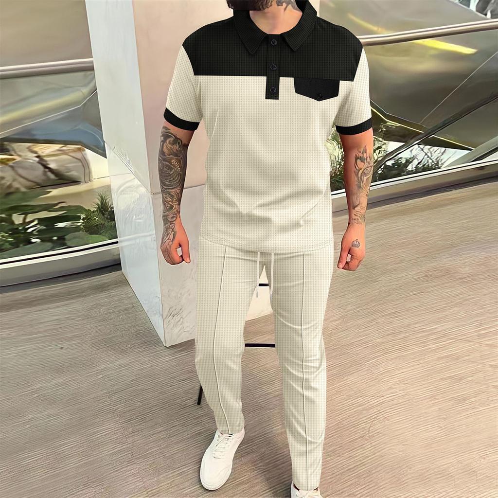 Мужской однотонный повседневный комплект из двух предметов с короткими рукавами и воротником