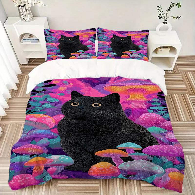 3pcs bedding set Mushroom Fantasy Cat Includes 1 Comforter + 2 Pillowcases, Without Pillow Inserts, Soft Comfortable, Lightweight Breathable027