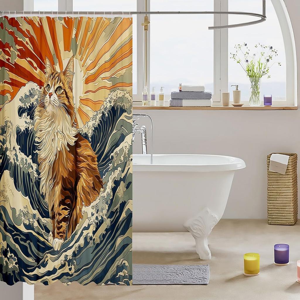 Мультяшный Кот Детские Занавески для Душа,Японская Занавеска для Ванной Укиё-э с Океанской Волной, Абстрактная Полосатая Домашняя Декорация, Морской Синий Ретр