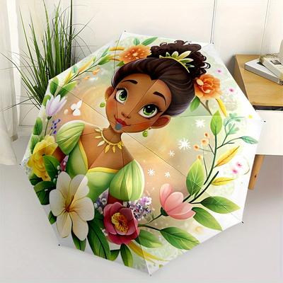 1pc Pretty Princess Tiana Durable Cartoon Folding Umbrella, Portable 3-Fold Compact Umbrella for Men and Women, Suitable for Travel or Daily