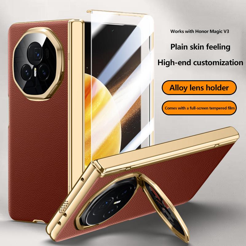 Чехол из простой кожи для телефона Honor Magic V3 с гальваническим покрытием, металлическим шарниром, держателем объектива и закаленной пленкой, противоударным держателем, деловой чехол